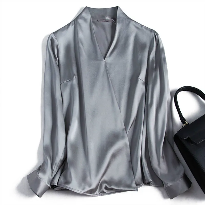 

Gray Designer Blouses Poplin V-Neck Solid Office Lady High Quality Shirt for Woman Classic Style Long Sleeve Tops 2020