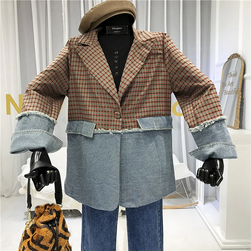 

Patchwork Denim Tailored Coat Turn-down Collar High Street Spliced Fashion Designer Women Jacket Women's Demi-season Jackets