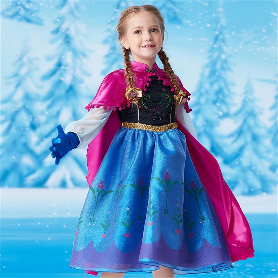 IWEMEK Déguisement Reine des Neige Robe Princesse Anna Elsa Costume Frozen avec Longue Cape Enfant Fille Anniversaire Noël Halloween Carnaval Cosplay Fête Costume 2-8 Ans 