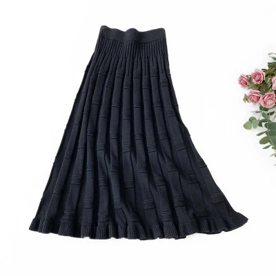 Autumn Winter Solid Jacquard Knit Skirts New Korean High Waist A-Line Stripe Long Skirt Women Ruffles Mermaid Skirt - Цвет: Black