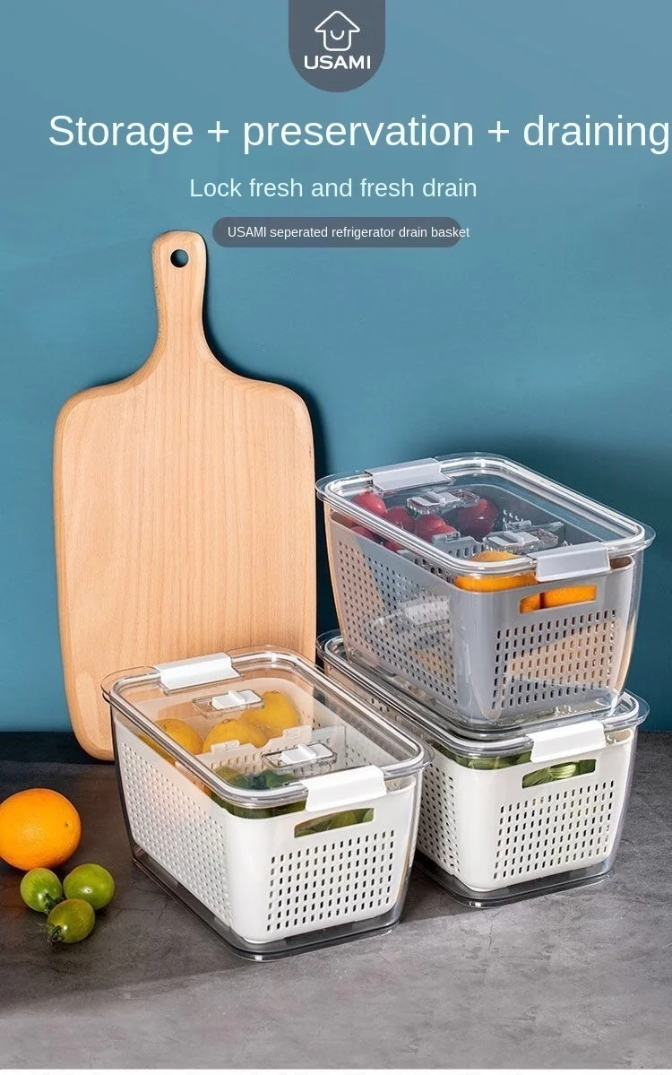 New Refrigerator Fresh Box Creative Drain Fruit And Vegetable Storage Box Double Sealed Kitchen Drain Basket
