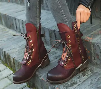 

Burgurdy Brown Retro Gradient Lace Up Front Zip Buckles Genuine Leather Girls Short Boots Round Toe Flat Ankle Boots Winter