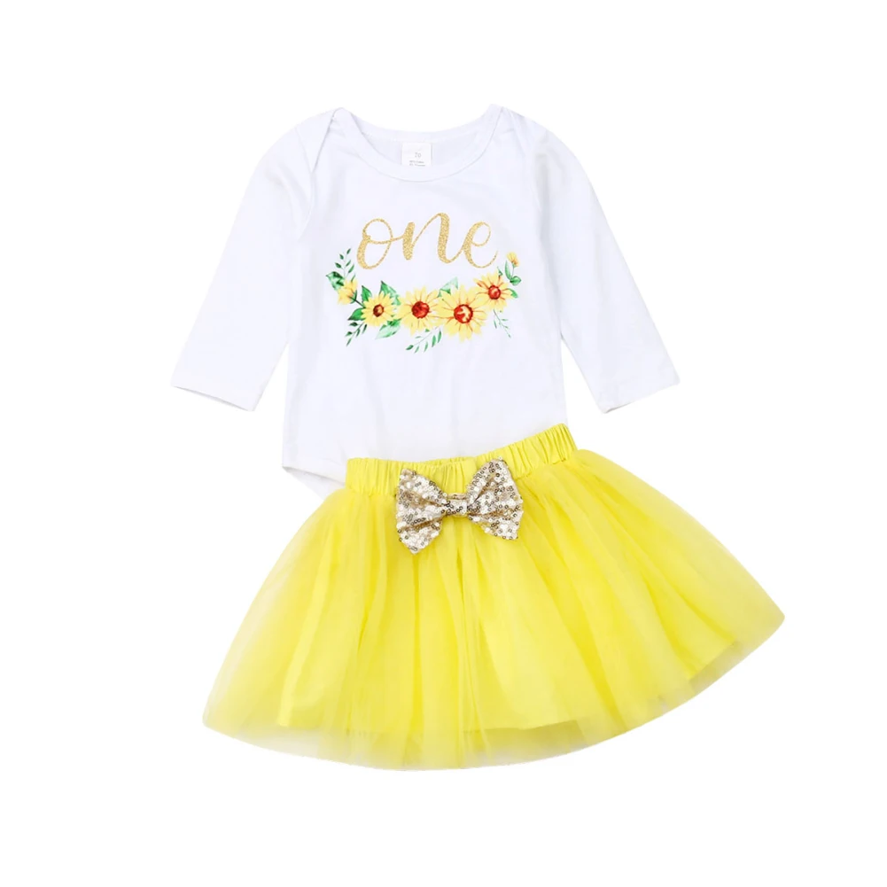 Желтая юбка-пачка принцессы на день рождения комплект из 2 предметов для новорожденных девочек, комбинезон с цветочным рисунком для дня рождения, юбка-пачка из тюля, одежда