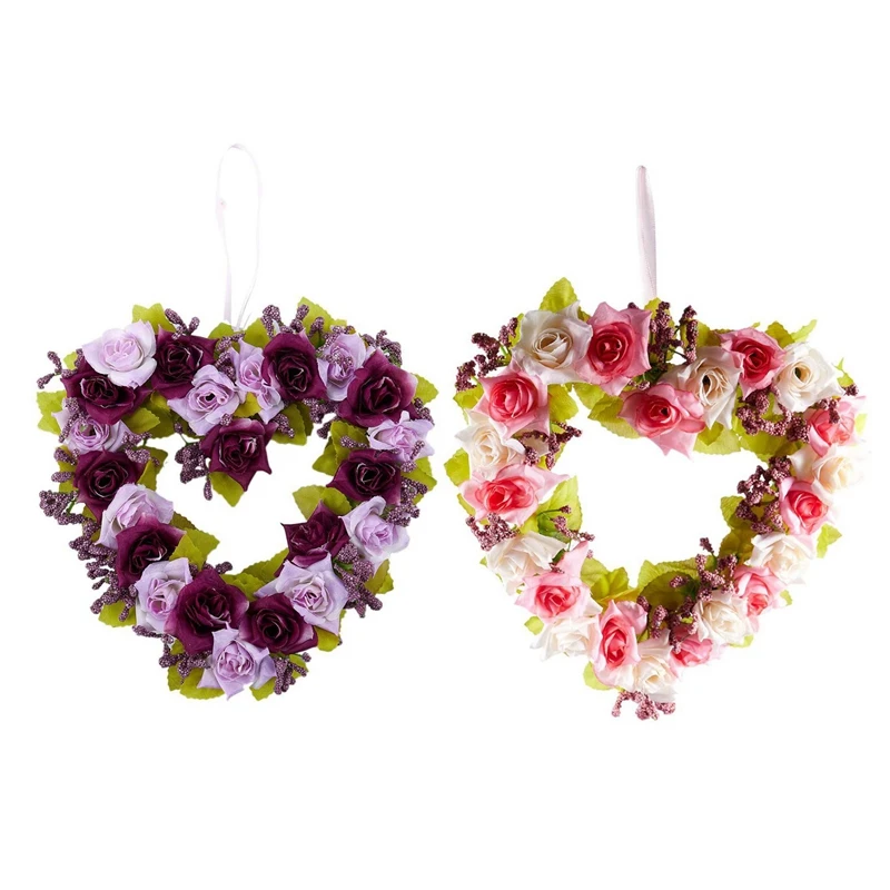 2 Pcs Heart Shaped Artificial Flower Wreath Door Decoration Hanging Wreaths with Silk Ribbon for Wedding Decoration 22X21X3.5Cm