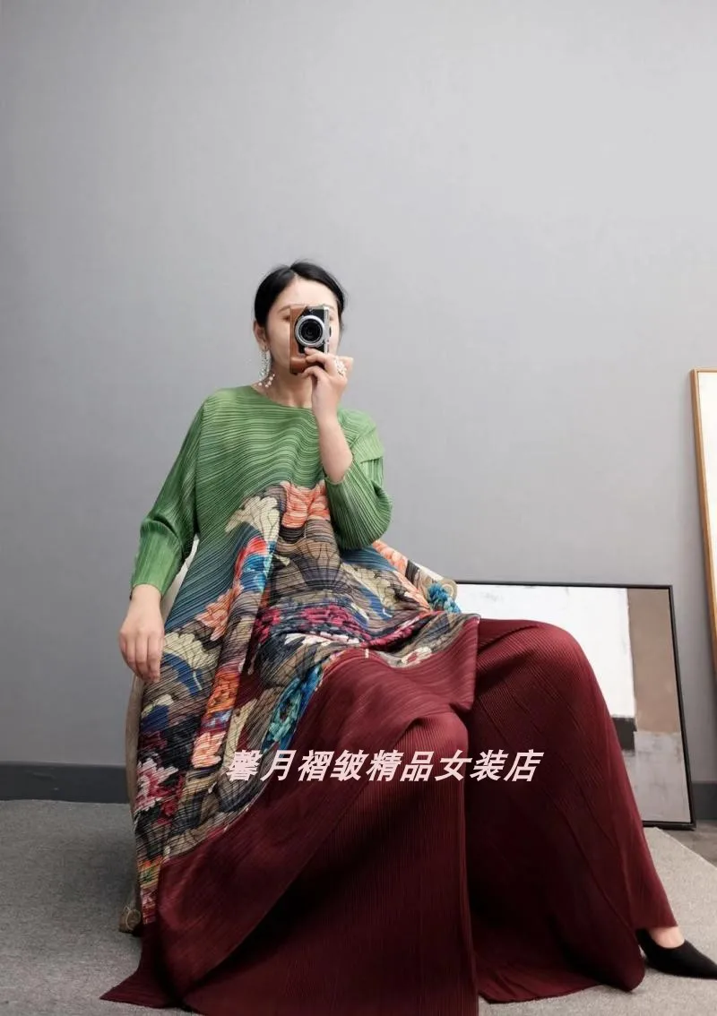 Горячая Miyake fold три четверти печати длинное платье+ Твердые широкие брюки костюм