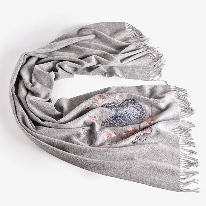 

Bride Bridesmaid 100% Wool Scarf Winter Women Brand 2019 Butterfly Embroidery Shawls and Wraps for Ladies Pashmina Wool Scarves