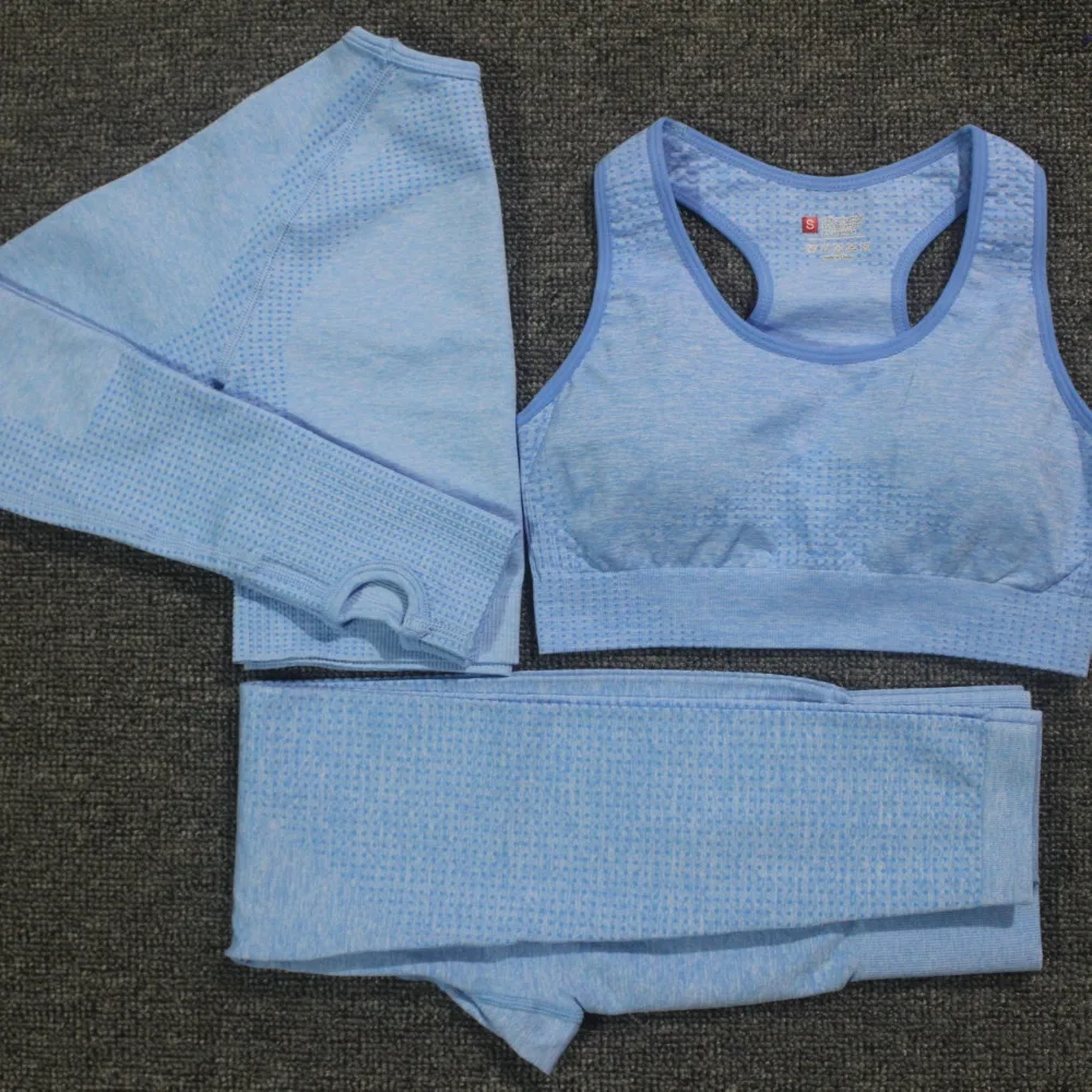 Ceny 3 sztuk zestaw jogi Vital bezszwowe legginsy stanik sportowy + z długim rękawem krótki top + kobiety Running legginsy gimnastyczne wysokiej talii Fitness strój sportowy