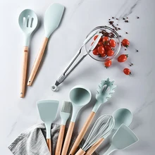 1 pçs silicone cozinhar ferramentas utensílios de cozinha conjunto com caixa de armazenamento turner pinças espátula com alça de madeira panelas antiaderente