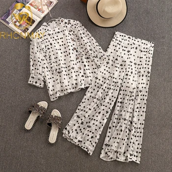 

Summer Women 2 Piece Pants Set 2020 New White Polka Dot Chiffon Ruffles Tops + Fashion High Waist Wide Leg Trouser Suit