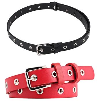 

2Pcs Fashion Gothic Pu Waist Belt Patchwork Row Hole Belt Women Buckle Belts Punk Waistband - Black & Red