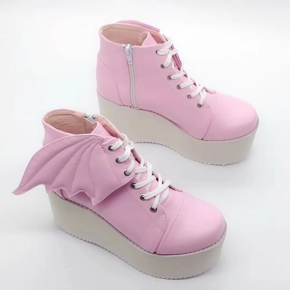 Японские розовые ботильоны в стиле Лолиты на высокой платформе в стиле Харадзюку короткие ботинки для костюмированной вечеринки в стиле Лолиты из искусственной кожи с крыльями ангела
