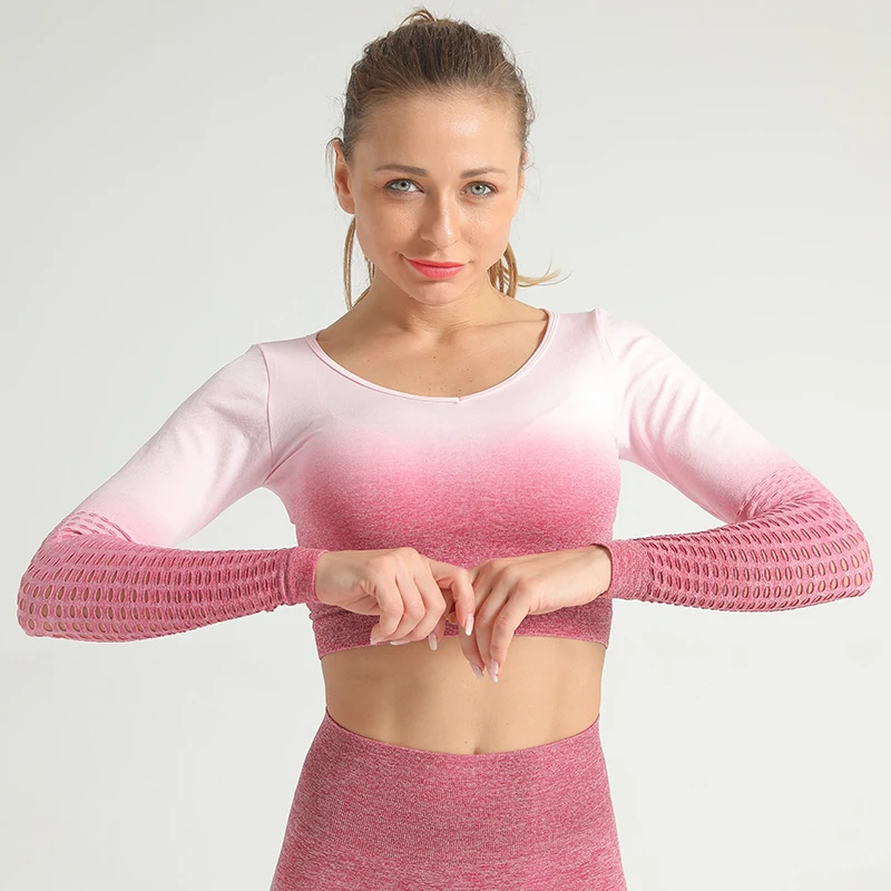 NS-6090 CX Pink Nessaj, сексуальные женские бесшовные спортивные рубашки, одноцветные, высокая эластичность, для спортзала, фитнеса, топ, для бега, дышащие, с длинным рукавом, футболки - Цвет: NS-6090 CX Pink