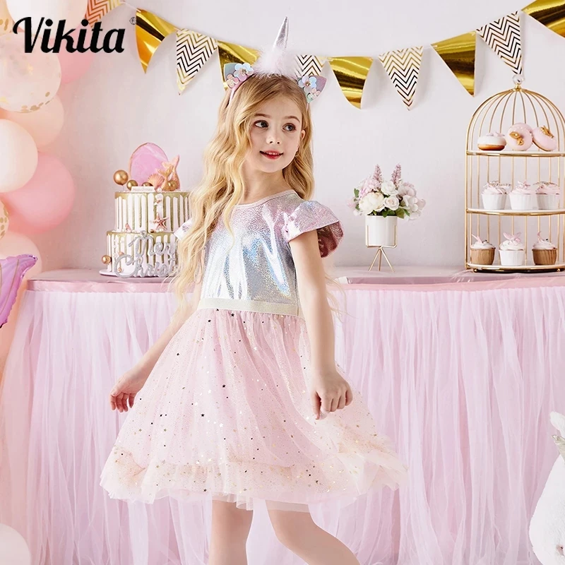VIKITA Kids Princess Dress for Girls Elegant Pageant Wedding Party Birthday Dress Shiny Sequins for Girl Summer Dresses