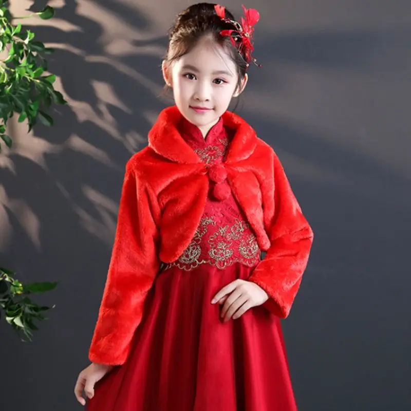 Kids Princess Thicken Plush Wraps Shawl Flower Girls Long Sleeve Bolero Shrug Cape Wedding Birthday Party Jacket with Pompom Tie