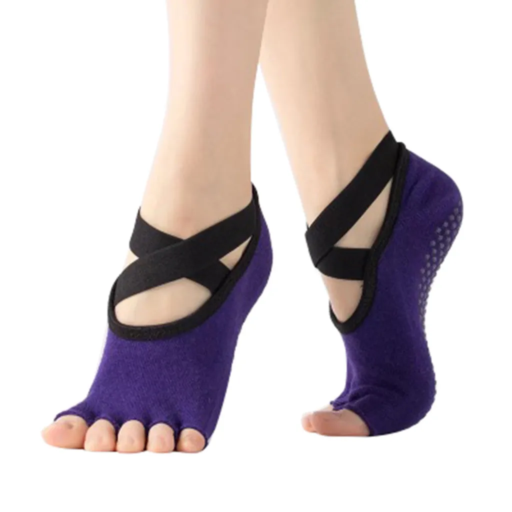 Новинка, 1 пара, носки для йоги для женщин, нескользящие носки без пятки для балета, танцевальные# NN828 - Цвет: Фиолетовый