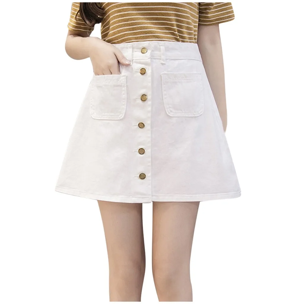 Летняя женская джинсовая юбка трапециевидной формы, короткая джинсовая юбка на пуговицах с высокой талией и карманами, Харадзюку, мини джинсы высокого качества - Цвет: WH