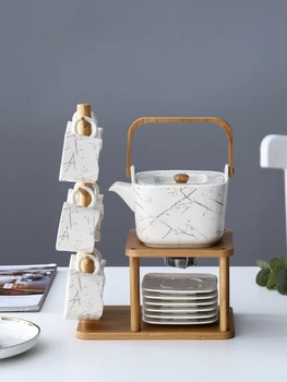 

Ceramic Tea Coffee Wine Cup Saucers Set With Wood Holder 900ml Teapot 6 Pieces Household Flower Tea Drinkware