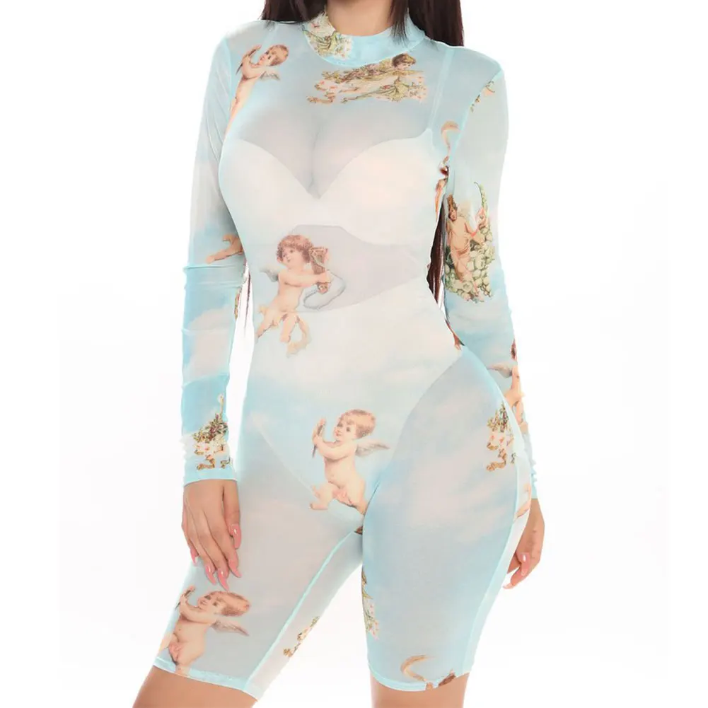 

Women Sexy Bodysuit Summer See Through Print Leotard Long Sleeve Mesh Sheer Jumpsuit Bodycon Skinny Sleepwear Romper