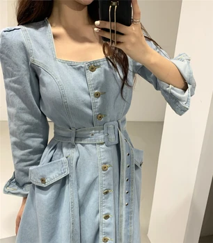 

ZCWXM New 2020 Women Denim Dresses Spring Autumn Mid-Calf Casual Sashes Square Collar Single Breasted Pockets Dress Puff Sleeve