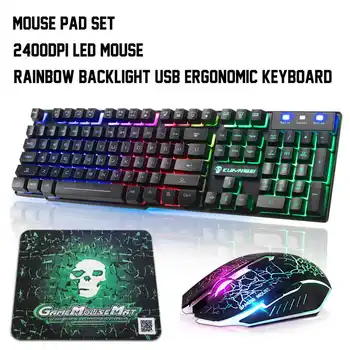 

Colorful Backlight USB Keyboard Kit Wired Gaming Keyboards 2400DPI LED Gaming Mouse Combo with Mouse Pad Mix Backlit Mice