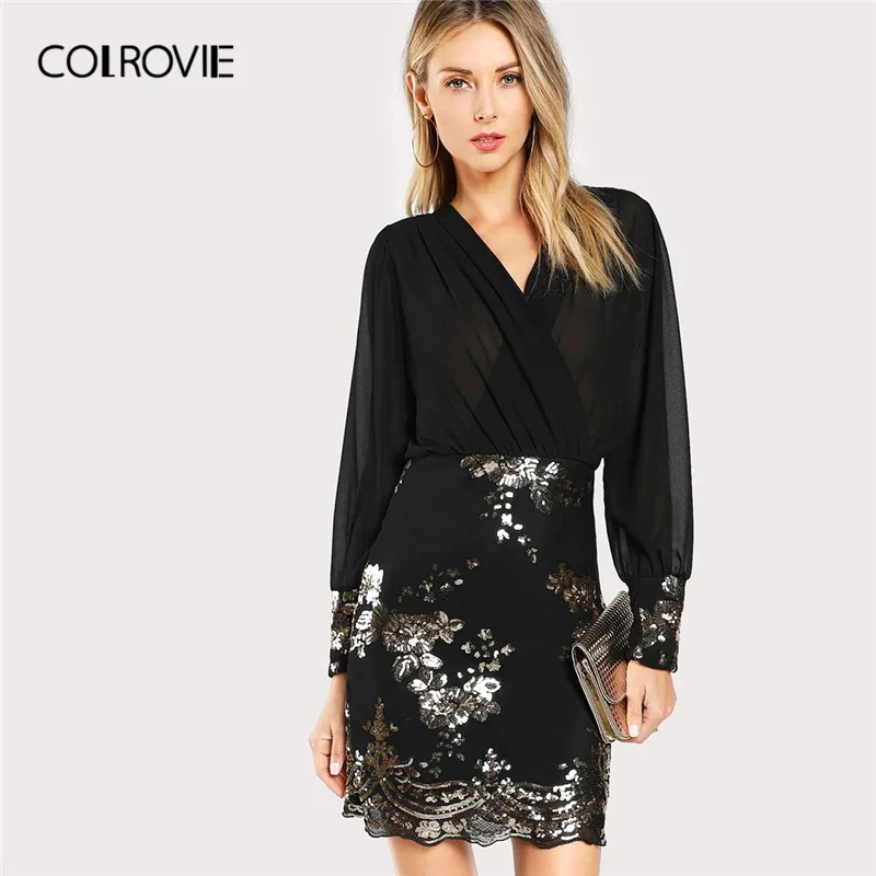 COLROVIE женское Полупрозрачное платье с корсетом с блестками и цветочным принтом,, v-образный вырез, рукав-Бишоп, сексуальные короткие платья с длинным рукавом