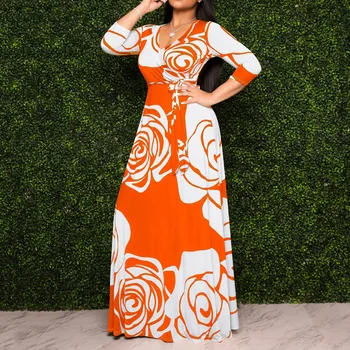 

Prom Dresses 2020 Long Floral Print Floor-Length V-Neck Sweet Autumn Three-Quarter Sleeve Fashion Women Prom Party Dress
