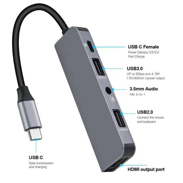Type C Hub 4K HDMI USB Hub 3.0 5 in 1 With PD Fast Charging Adapter for mac-book Pc Phone Expander Splitter Dock Station Convert 2