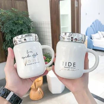 

Cute Simple Letters Ceramic Mug with Mirror Lid Spoon Creative Drink Breakfast Cup Household Milk Coffee Mug for Women Man Lover