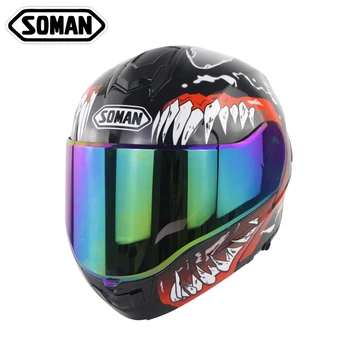 

Soman SM965 Full-Face Dot Approved Dual Lens with Multi visors Highway Riding venom skull tooth style flip-up Motorcycle Helmet
