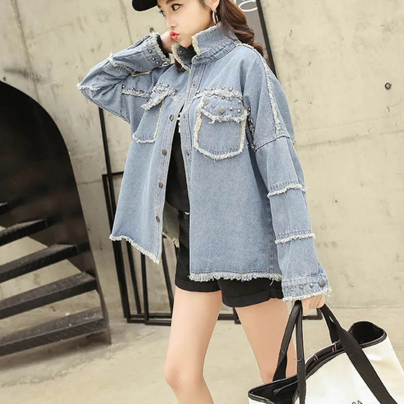 

SexeMara 2019 Autumn New Jacket Patch Designs Sleeve Burr Side Turn-down Collar Revit Ladies Fashion Loose Denim Coat CCO052