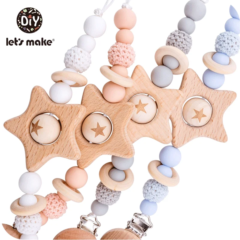 

Let's Make 1PC Pacifier Chain Baby Teether Beech Star Wooden Clip Geometric Crochet Beads Pacifier Clip Chain Kids Tiny Rod Toys