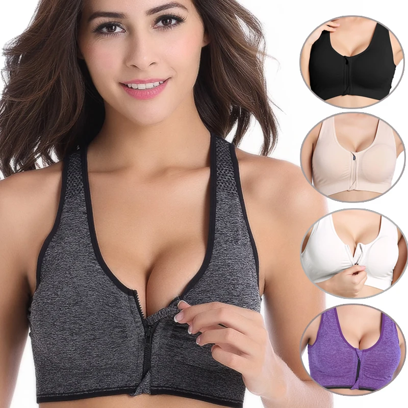 Bra-Top Padded Wirefree Sports-Bras Gym Fitness Push-Up Yoga-Workout Front-Zipper Breathable