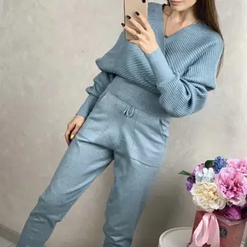 

Women Knitted Sweater Suit Two Piece Set Sexy V-Neck Cross Sweatshirt Knit Pants Suit Tracksuit Outfits
