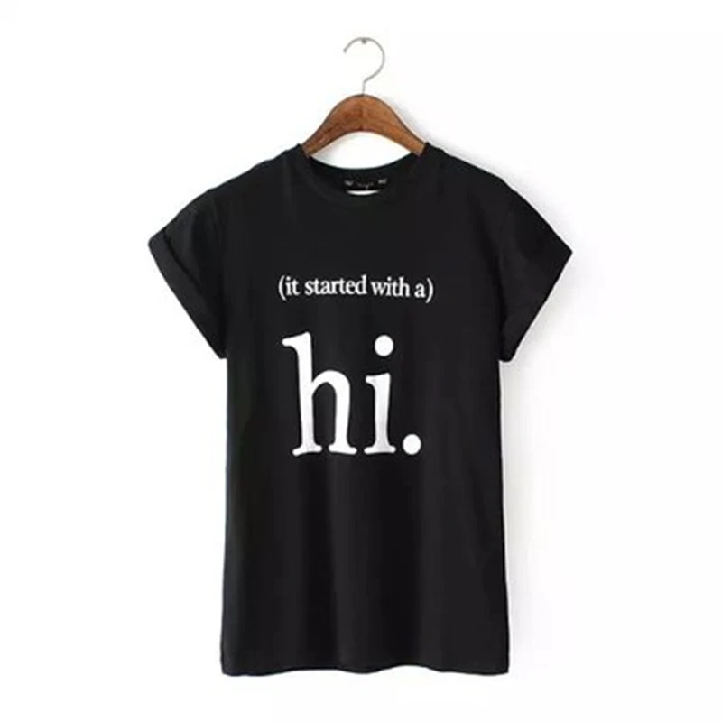 

2020 Summer Women's Tops Casual Cute Letters Hi Print Shirtss Top New Arrival Women's Shirt Ladies Clothing Shirt O-neck Black
