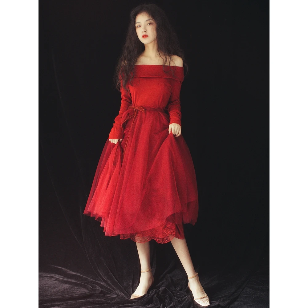 

2020 Summer New Vintage Chic Women Off Shoulder Bodycon Mesh Red Long Sleeve Dresses Party Night Elegant Sexy Prom Maxi Vestidos