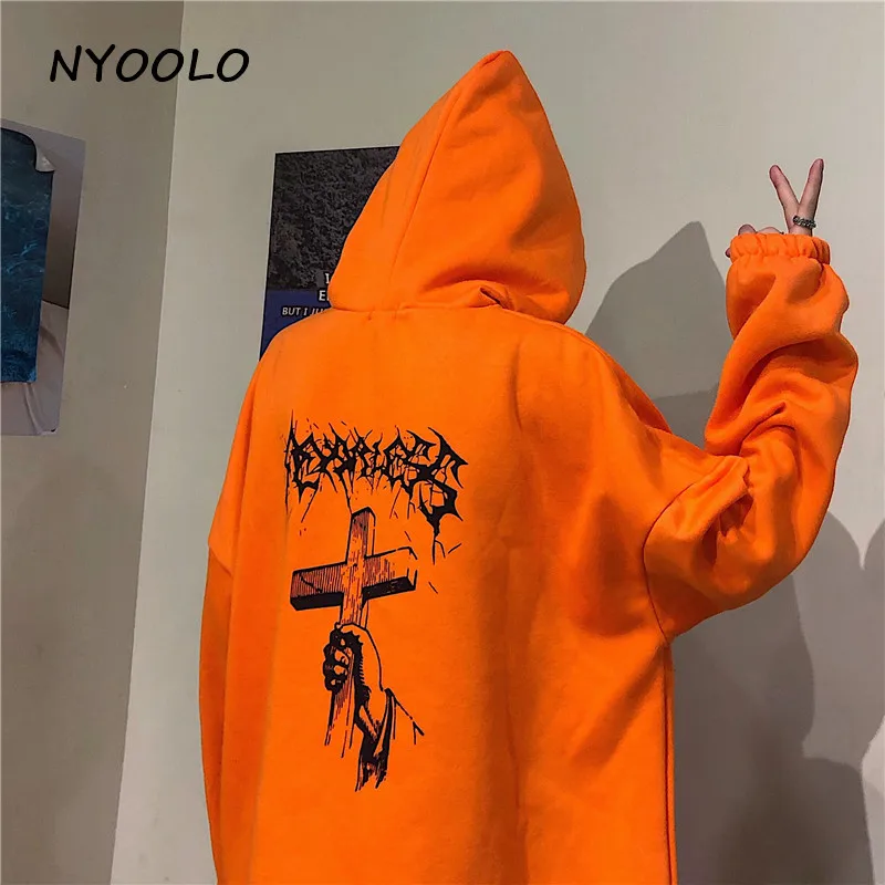 NYOOLO Harajuku street cross letters print thick warm hoodies Autumn winter long sleeve hooded pullovers Sweatshirt women men - Цвет: Оранжевый