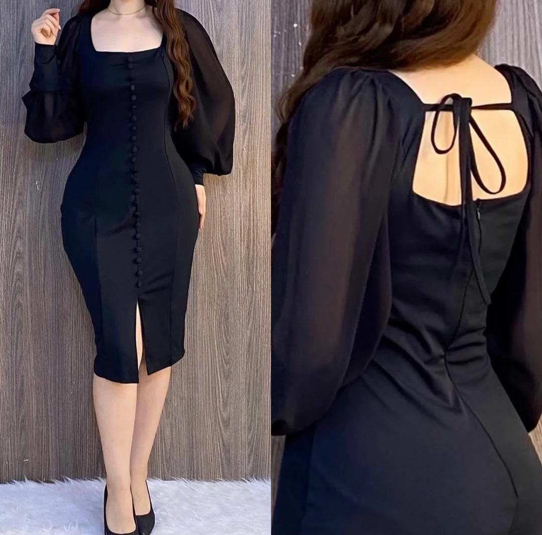 

Elegant Sheath Sqaure Collar Satin Black Prom Dresses Open Back Front Slit Robe De Soiree Tea Length Formal Party Gown