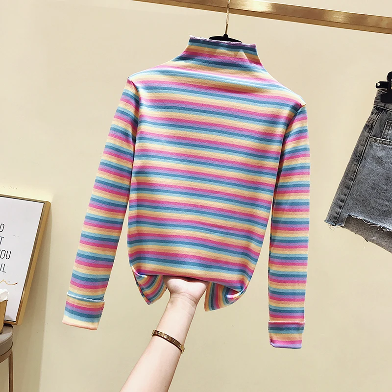 Gkfnmt Радужная полосатая футболка женская модная футболка в Корейском стиле женские топы с длинным рукавом осень зима Повседневный хлопковый топ футболка
