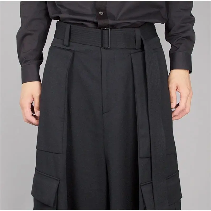 Men's new Japanese niche design singer stage style simple high-waist pants ultra long A-word bell bottoms wide leg pants