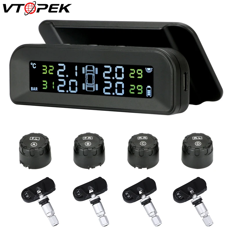 

Vtopek TPMS Car Tire Pressure Monitor System Multi-angle Adjustable Attached To Glass Wireless Solar Power Tpms 4 Sensors