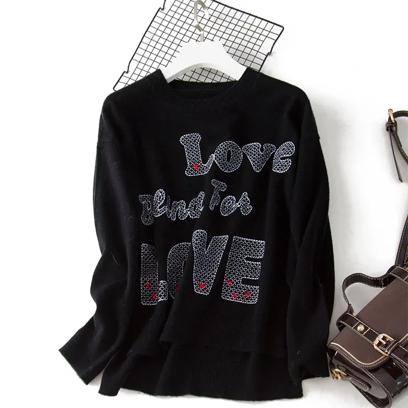 

Shuchan Embroidery Letter Wool Women Sweaters and Pullovers Fall Winter 2019 New Items Women's Sweater with A Pattern
