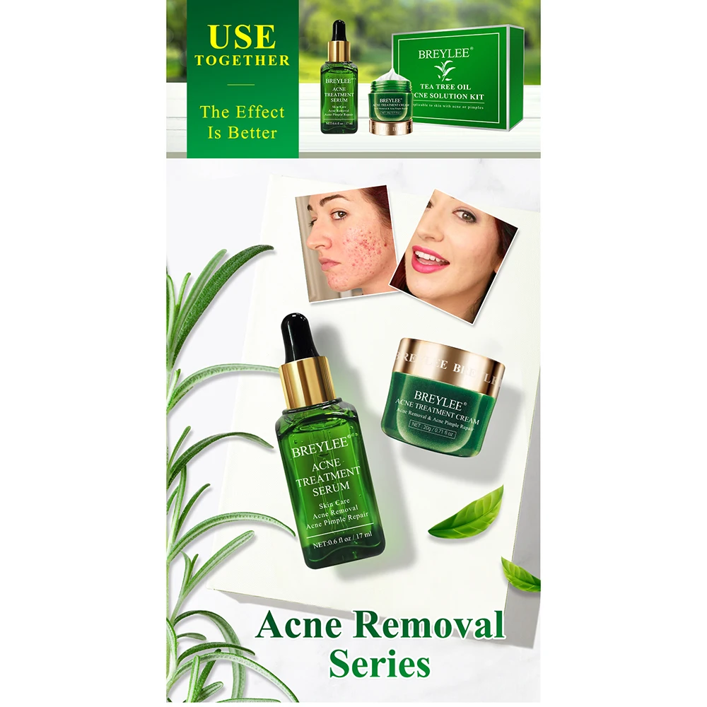 BREYLEE Tea Tree Acne Solution Kit Acne Treatment Serum Face Cream Pimple Removal Essence
