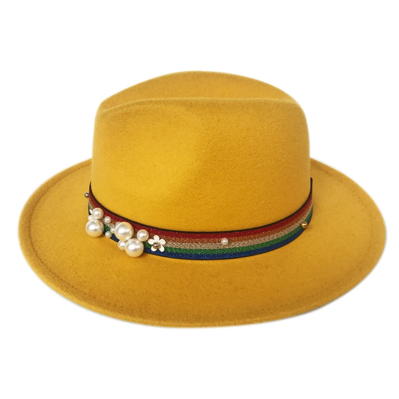 YY beauty Fedora для женщин Радужная жемчужина лента Джаз Панама широкополый Трилби фетровая шляпа Классическая британская Осенняя шляпка для церкви FD19011