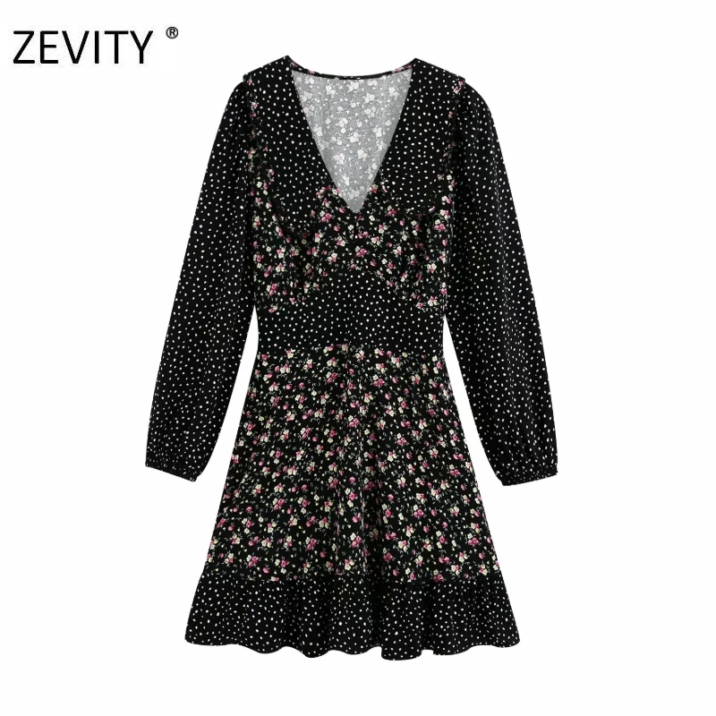 ZEVITY Women Vintage flower dots print patchwork hem ruffles mini Dress female elastic waist Vestidos Casual slim Dresses DS4264 ZEVITY Women Vintage flower dots print patchwork hem ruffles mini Dress female elastic waist Vestidos Casual slim Dresses DS4264