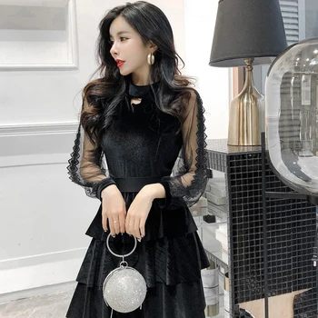 

Spring 2020 New Ladies Temperament Gold Velvet Waist Long Sleeves Long and Medium Layer Cake Dress Woman Summer Dress Vestidos