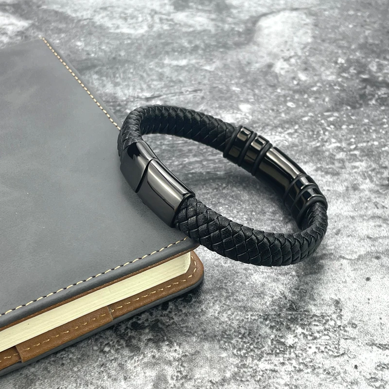 Black Genuine Leather Mens Fashion Bracelet Gift
