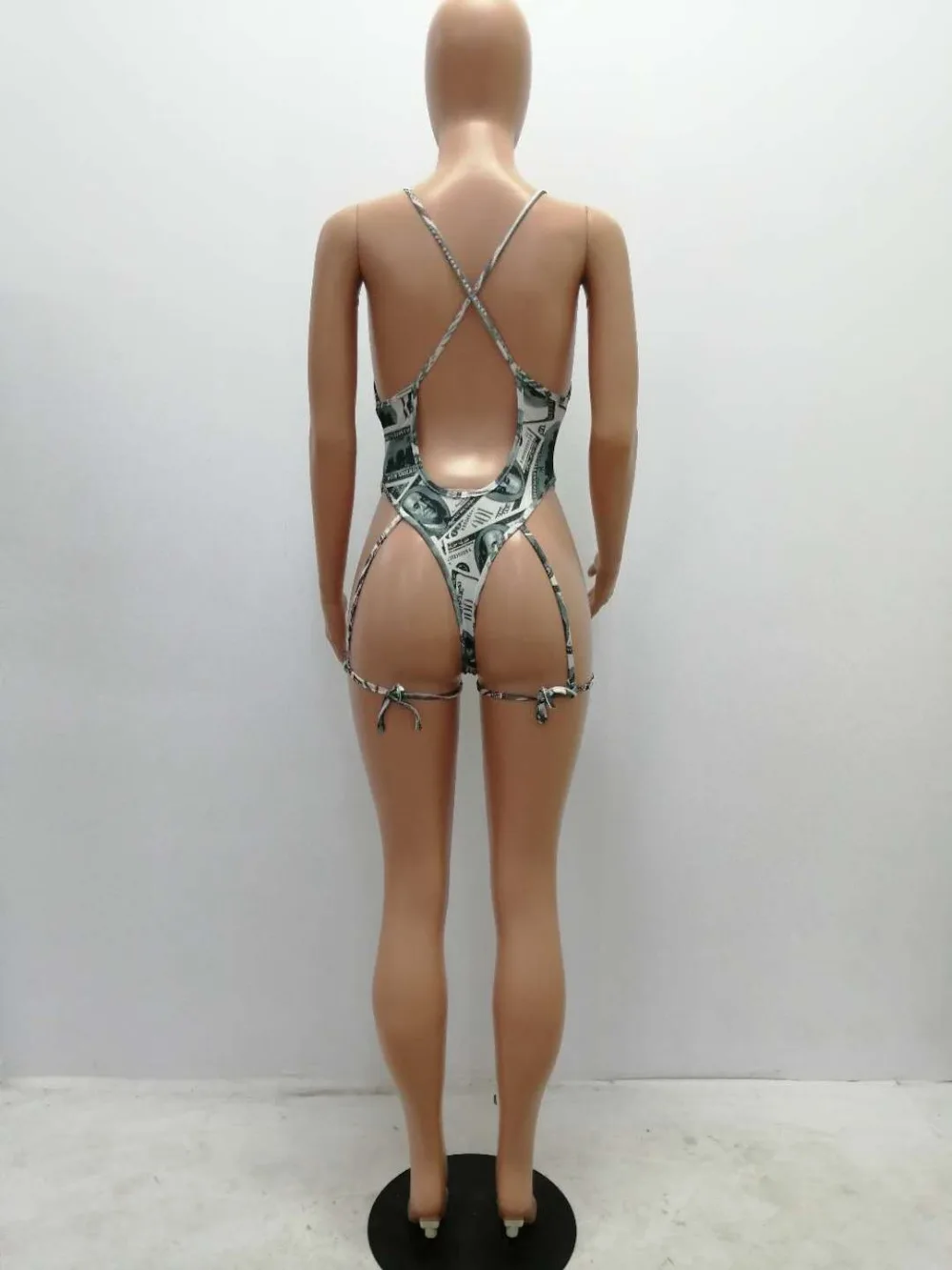 Beach style sexy deep v-neck triangle shorts lady bodysuits dollar print catsuits hollow out design sexy sports bodysuits