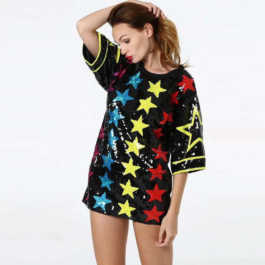 Womail Fashion женские блузы блестками, одежда с круглым вырезом и принтом Блузки с короткими рукавами Повседневное свободные вечерние Производительность женская рубашка