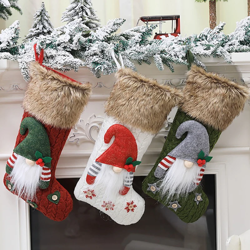 1pcs Christmas Stockings Christmas Candy Gift Bag Gnome Santa Pendant Forest Style Plush Faceless Doll Christmas Socks