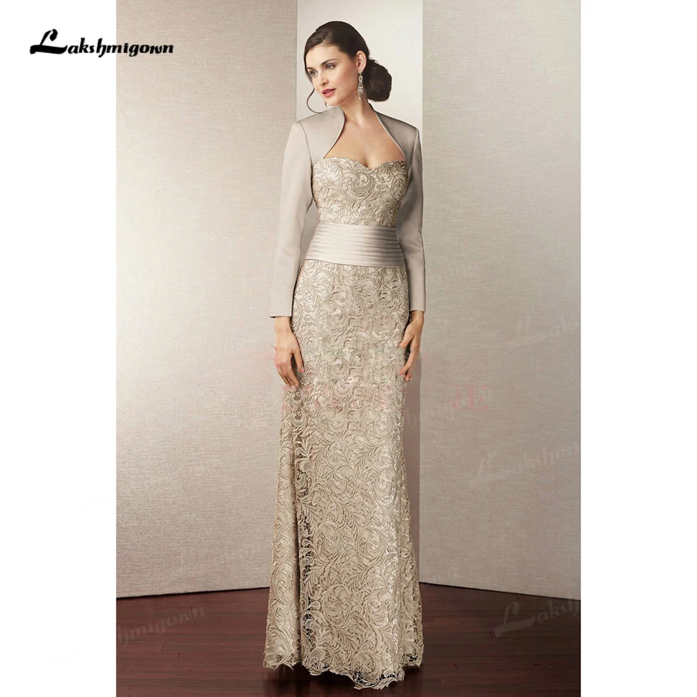 Mother Bride Dresses Modern Lace Long Sleeves Satin Formal Evening Gown for Wedding Party